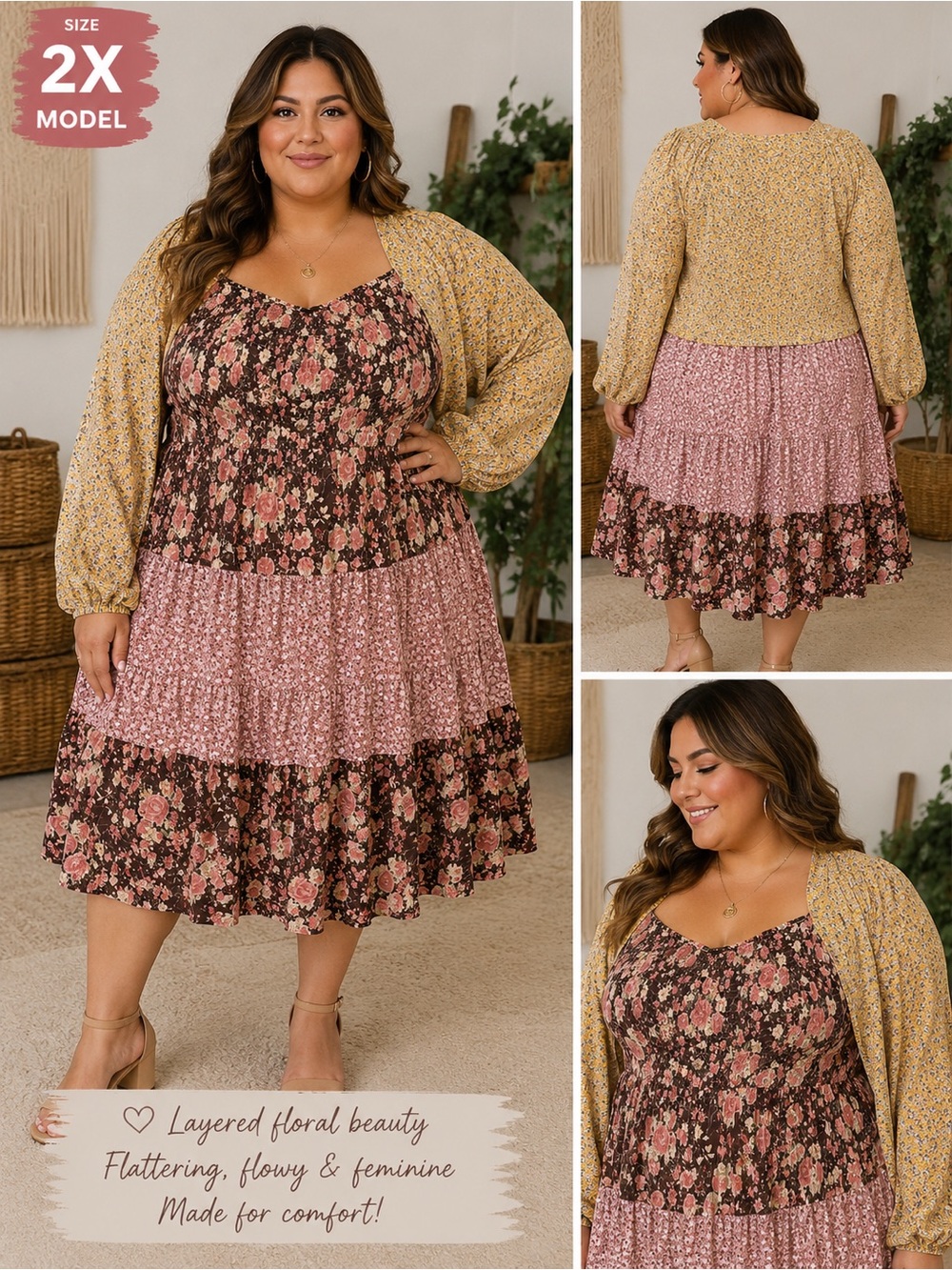 ODDY Floral Tiered Midi Dress in Brown and Pink